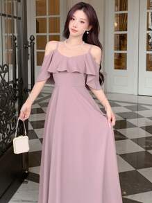 xheDAZY Vestido de verano elegante de mujer con hombros abiertos, silueta evasé y cinturón en la cintura. Vestido ideal para cumpleaños, Año Nuevo o fiesta de graduación, con volantesxhe - Rosa - Ver 4