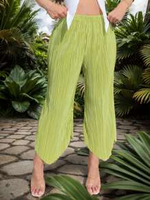 SHEIN SXY Green Summer Spring Vacation Resort Beach Wear Sexy Solid Asymmetrical Hem Plisse Cropped Pants - Green - View 1