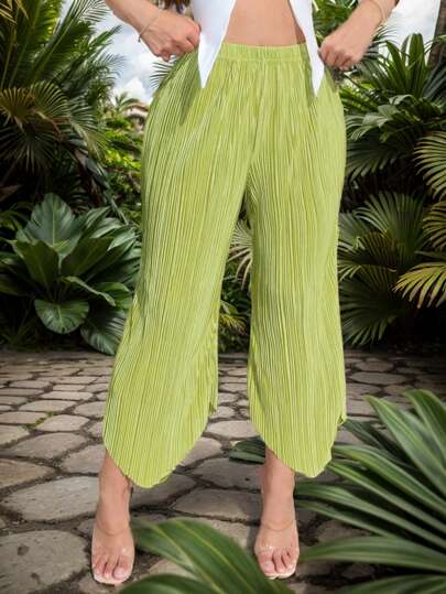 SHEIN SXY Green Summer Spring Vacation Resort Beach Wear Sexy Solid Asymmetrical Hem Plisse Cropped Pants