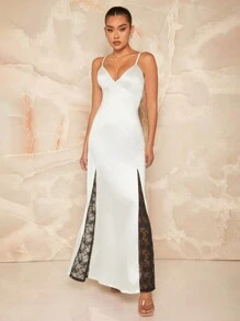 L'Amorae Rochie din dantela contrast din satin - Alb-negru - Vizualizare 1