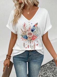 SHEIN LUNE 女士夏季花卉印花V領短袖休閒T恤 - 白色 - 查看 4