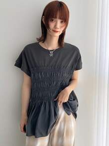 FRIFUL Women's Summer Solid Color Round Neck Short Sleeve T-Shirt With Ruffled Hem