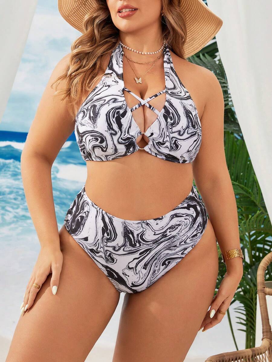 SHEIN VCAY Plus Size Women's Vacation Marble Print Halter Neck Tie Two-Piece Bikini Set - Black and White - View 1