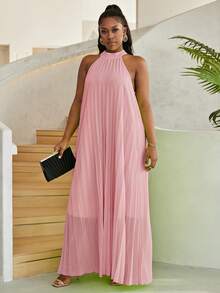 Astrid Plus Size Women Solid Color Halter Pleated Loose Fit Sleeveless Dress