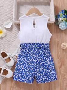 SHEIN Cô Gái Trẻ Hoa Lộn xộn & In Trái tim Thắt lưng Áo Tank Romper - Xanh và trắng - Xem 2