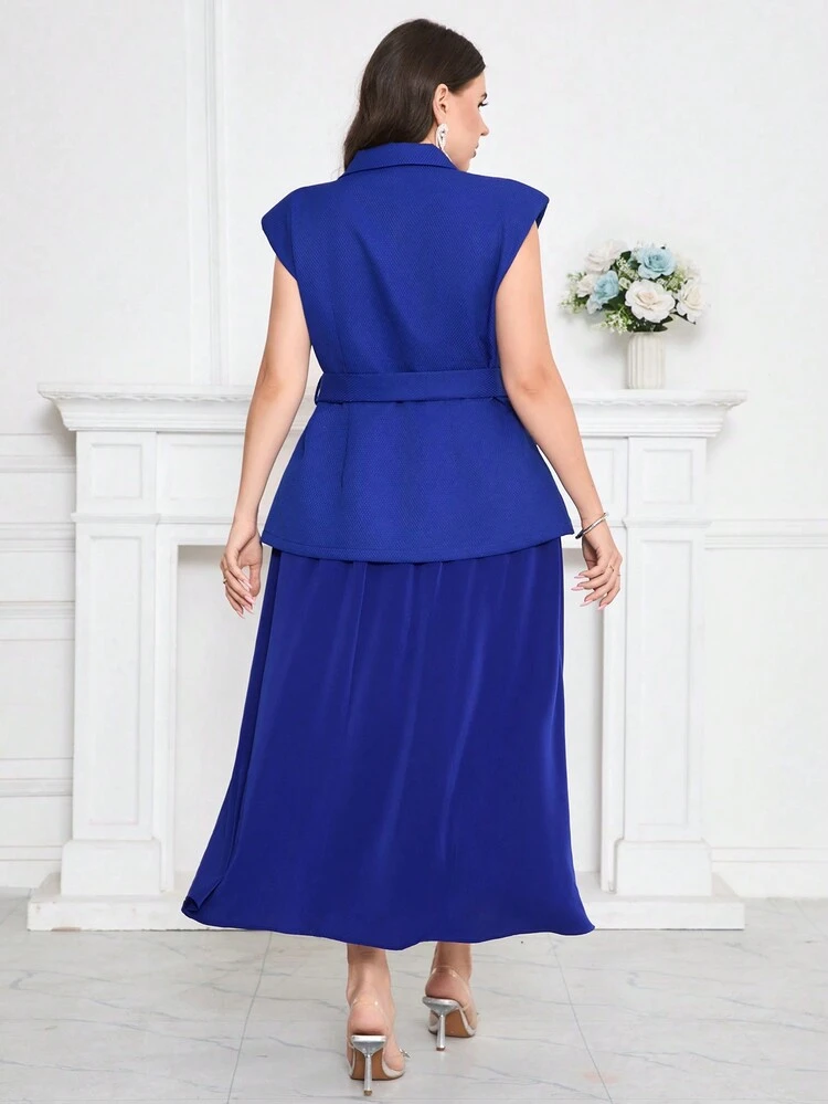 Plus Size Women Solid Color Simple Daily Tops And Skirts 2-Piece Set