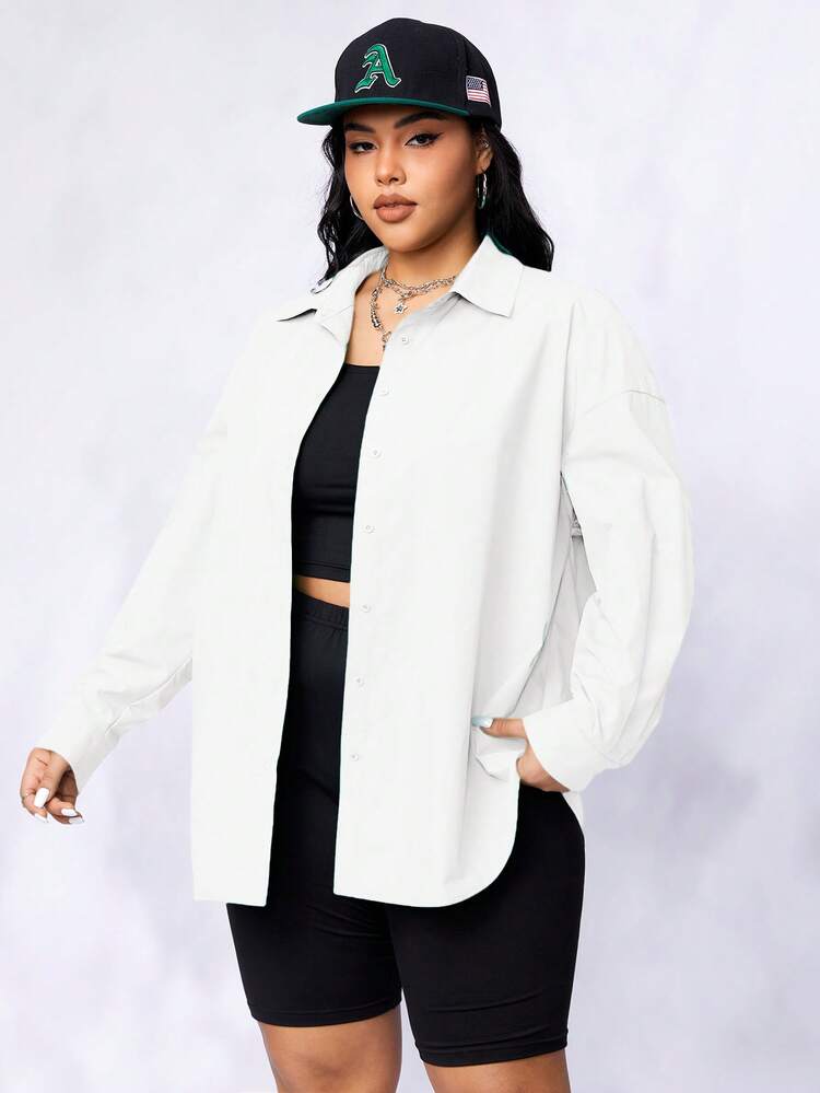 Plus Size Women's Color Block Casual Turn-Down Collar Shirt, Camisole And Cycling Pants 3pcs/Set