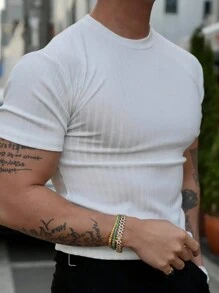 Manfinity Dauomo Men's Summer Solid Color Rib-Knit Short Sleeve Casual T-Shirt With Round Neck - White - View 1