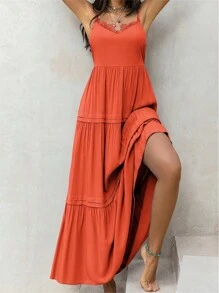 SHEIN Essnce Women's Orange Woven Neckline & Lace Splicing A-Line Casual Dress With Spaghetti Straps For Summer