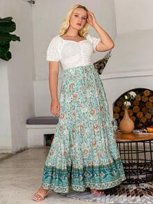 Simplee Women's Summer Printed Tie-Up Waist Ruched A-Line Skirt, Suitable For 4th Of July, Vacation Outfits - Green - View 6