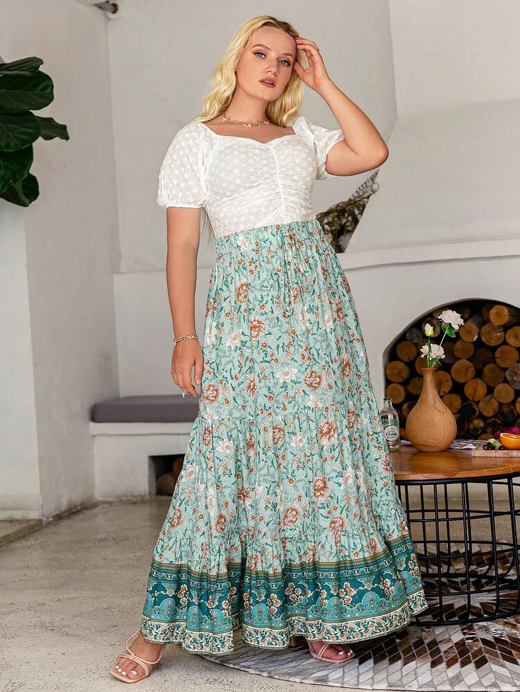 Simplee Women's Summer Printed Tie-Up Waist Ruched A-Line Skirt, Suitable For 4th Of July, Vacation Outfits