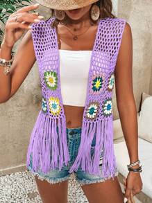 Breezaya Chaleco de ganchillo sin mangas con flecos para mujer para uso informal