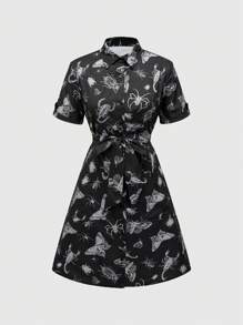 ROMWE Goth Women's Summer Casual Shirt Dress With Insect Print And Waist Tie - Black - View 1
