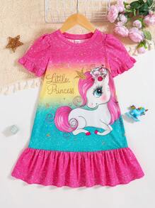 SHEIN Vestido de niña joven anti inflamable veraniego, holgado y casual con patrón de unicornio lindo para dormir - Rosa - Ver 1