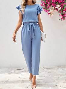 SHEIN Clasi Women's Round Neck Short Sleeve Shirt With Ruffle Trim And Detachable Belted Pants, 2pcs/Set