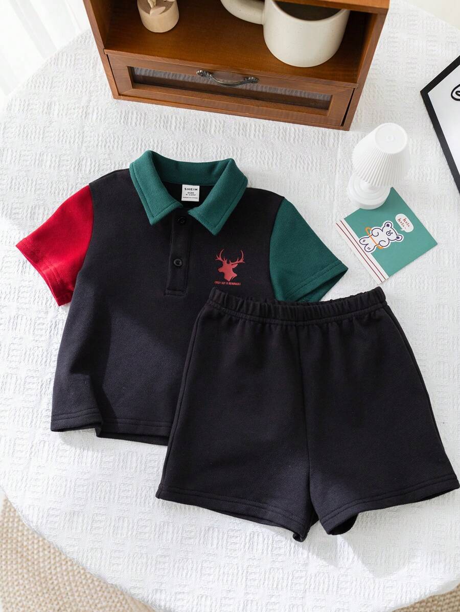 SHEIN 中性嬰兒卡通鹿紋短袖套頭T卹和休閒短褲運動外套，夏季 - 彩色 - 查看 1