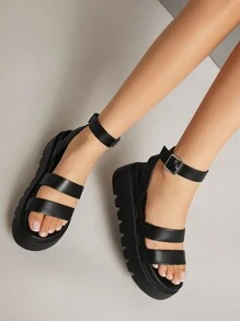 SHUZIA Sandalia De Plataforma De Tacón De Cuña De Color Sólido Para Mujer Con Correa De Tobillo - Negro - Ver 4