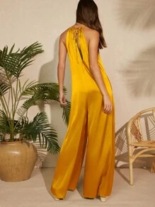 L'Amorae Women Yellow Simple Open Shoulder Halter Going Out Jumpsuit With Open Back For Daily Wear - Yellow - View 2