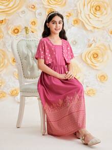 Bộ áo ngắn tay in họa tiết lá vàng thanh lịch của Tween Girl và váy suông cho mùa hè - Màu Hồng Tươi - Xem 3