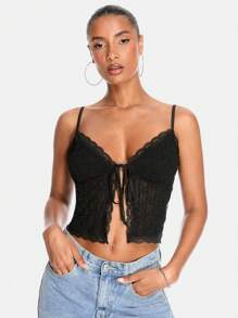 SHEIN BAE 蕾丝边网眼透明性感蝴蝶结吊带短款上衣，女式无袖夏季背心，狂欢节乡村音乐会服装 - 黑色 - 查看 3