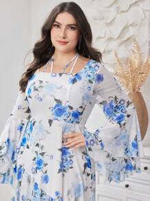 Modelyn Plus Size Summer Elegant Floral Print Dress With Flare Sleeves, Elastic Waist And Asymmetrical Hem - Multicolor - View 3