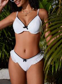 SHEIN Swim Conjunto de bikini de vacaciones para mujer con decoración de lazo, estilo sexy de verano - Blanco y Negro - Ver 3