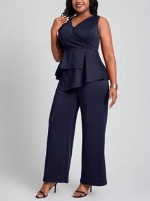 SHEIN Lady Plus Size Women's Fashionable Solid Sleeveless Top And Long Pants Two-Piece Set