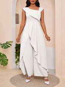 SHEIN Lady Women's Summer Solid Color Asymmetrical Neck Side Slit Wide Leg Jumpsuit With Loose Hem