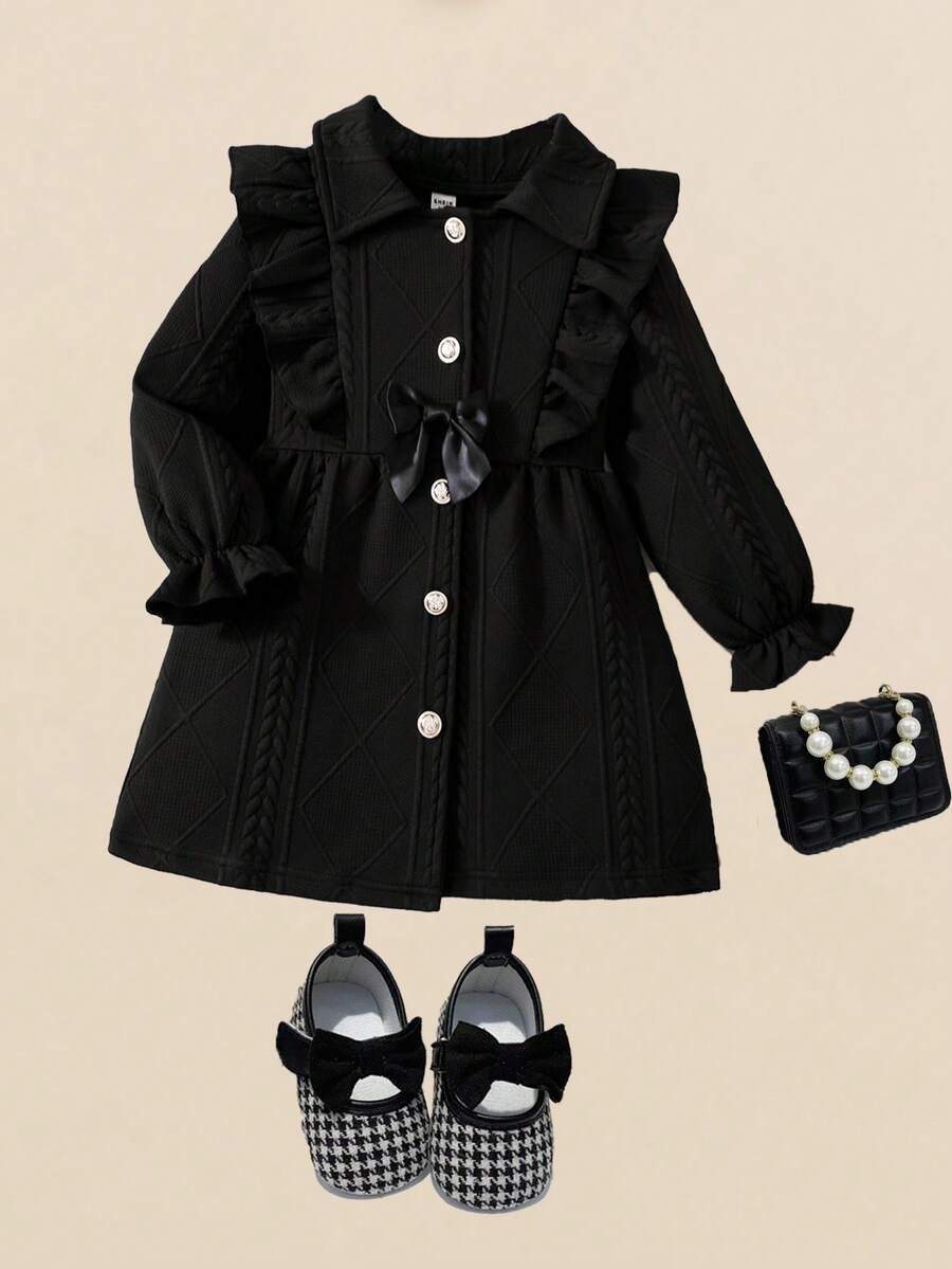 SHEIN Cô Gái Trẻ Viền Ruffle tay áo lá sen Nơ mặt trước Váy sơ mi - màu đen - Xem 1