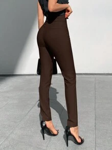 EURMUSE Solid Zipper Fly Skinny Pants - Chocolate Brown - View 2