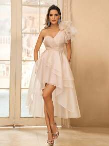 SHEIN Belle Váy không tay xếp nếp phóng đại bằng vải tuyn lấp lánh màu vàng sâm panh thanh lịch và tuyệt đẹp với viền ô chữ A cạp cao, hoàn hảo cho vũ hội, kỳ nghỉ, trở lại trường, ngày của mẹ, đám cưới, tiệc cocktail, trà chiều, hẹn hò, tụ họp - Rượu sâm banh - Xem 7