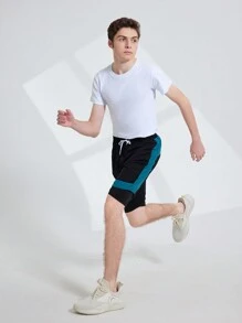 Teen Boy Casual Color-Block Drawstring Waist Sports Shorts For Summer - Black - View 4