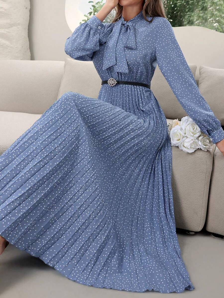 Modelyn 长袖百褶连衣裙，全身印花领口，超长款女士晚礼服，秋季女士服装 - 藍色 - 查看 1