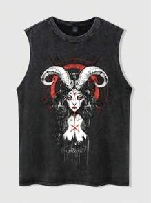 ROMWE MEN Anime 男式深色哥特式角与女人印花水洗做旧背心，春夏，万圣节 - 黑色 - 查看 1