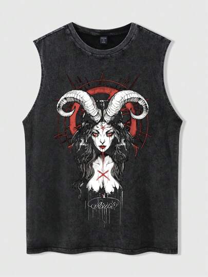Goth Débardeur homme gothique sombre avec imprimé de cornes et de femme, lavé et délavé, printemps/été, Halloween