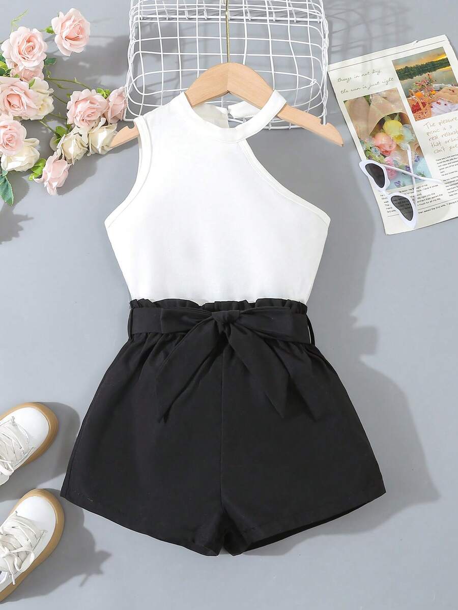 Conjunto de niña preadolescente con top y pantalones cortos de uso diario en unicolor y estilo sencillo - Negro - Ver 1