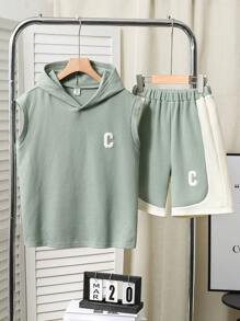 青少年男孩休閒針織2件套裝，包括毛巾刺繡連帽無袖背心和短褲，夏季 - 彩色 - 查看 1