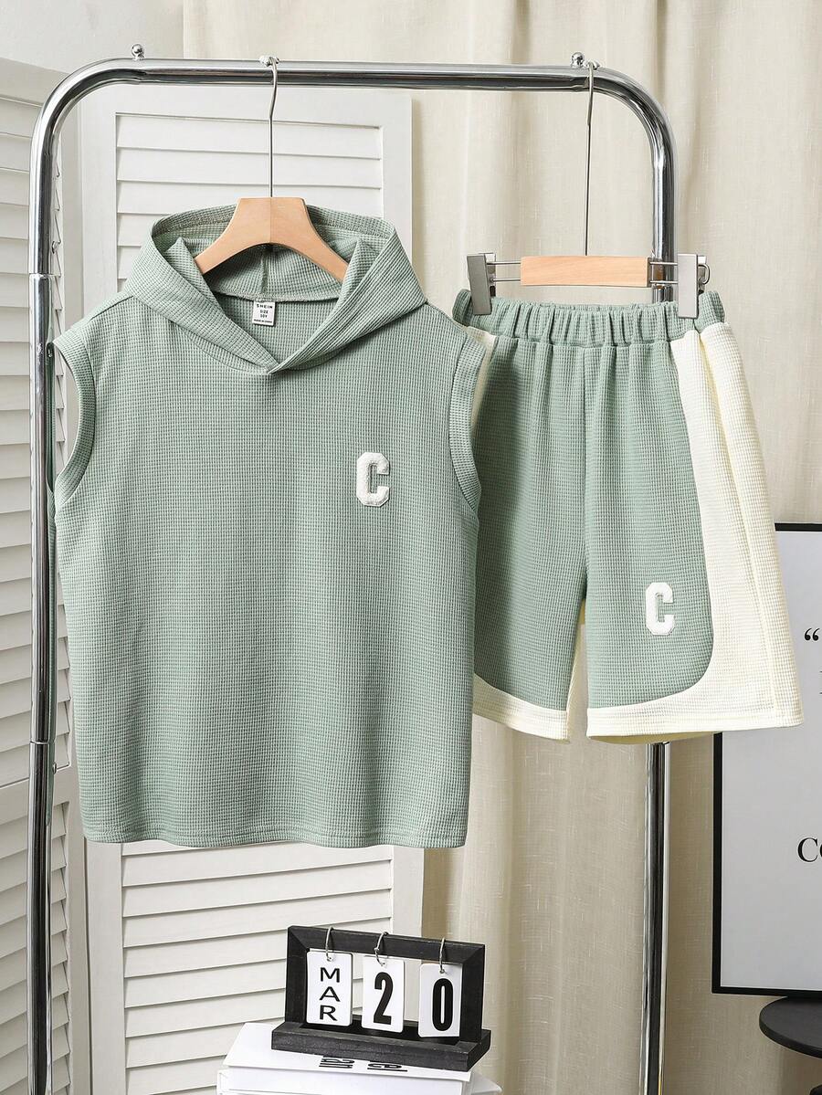 青少年男孩休閒針織2件套裝，包括毛巾刺繡連帽無袖背心和短褲，夏季 - 彩色 - 查看 1