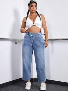 SHEIN EZwear Plus Size Women's Fashion Solid Color Straight Leg Jeans - Blue - View 5