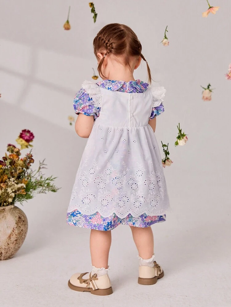 Baby Girls' 2pcs French Vintage Elegant Floral Print Dress & Eyelet Embroidered Apron Dress Set For Spring/Summer