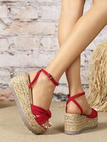 Fashionable Women Beach Sandals, Beaded Ankle Strap Wedge Heel Sandals - Red - View 2