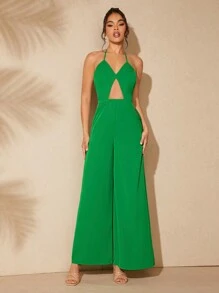 SHEIN Unity Woven Solid Color Elegant Suspenders Jumpsuit - Green - View 6