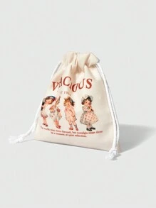 ROMWE Kawaii Portable Cartoon Retro Screenshot Girl Large Capacity Drawstring Cosmetic Bag Coin Purse 442464