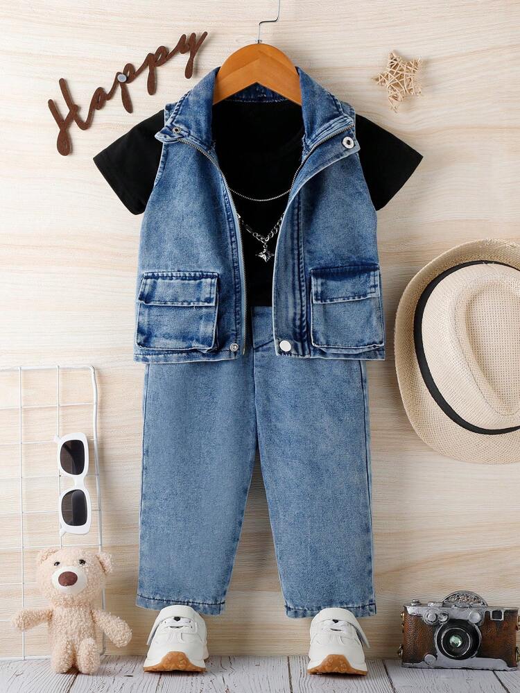 Baby Boys' Denim Vest, Jeans And T-Shirt Set, Summer