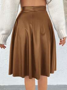 Solid High Waist Flare Skirt - Brown - View 2