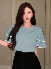 DAZY 女性雙層荷葉邊短袖襯衫，圓領對比拼色設計 - 藍色 - 查看 4