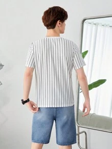 SHEIN Teen Boy Casual Striped Tee With Letter Printed Pattern And Round Neckline Matched With Distressed Denim Shorts, 2pcs/Set - Multicolor - View 2