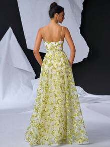 SHEIN Belle Elegant And Romantic Mesh Orangery Floral Print Halter Bustle Cups High Waist Thin Slim Fishtail Fluttering Back Width Swing Floating Piece Dating Vacation Graduation Wedding Event Heavy Duty Dinner Evening Gowns