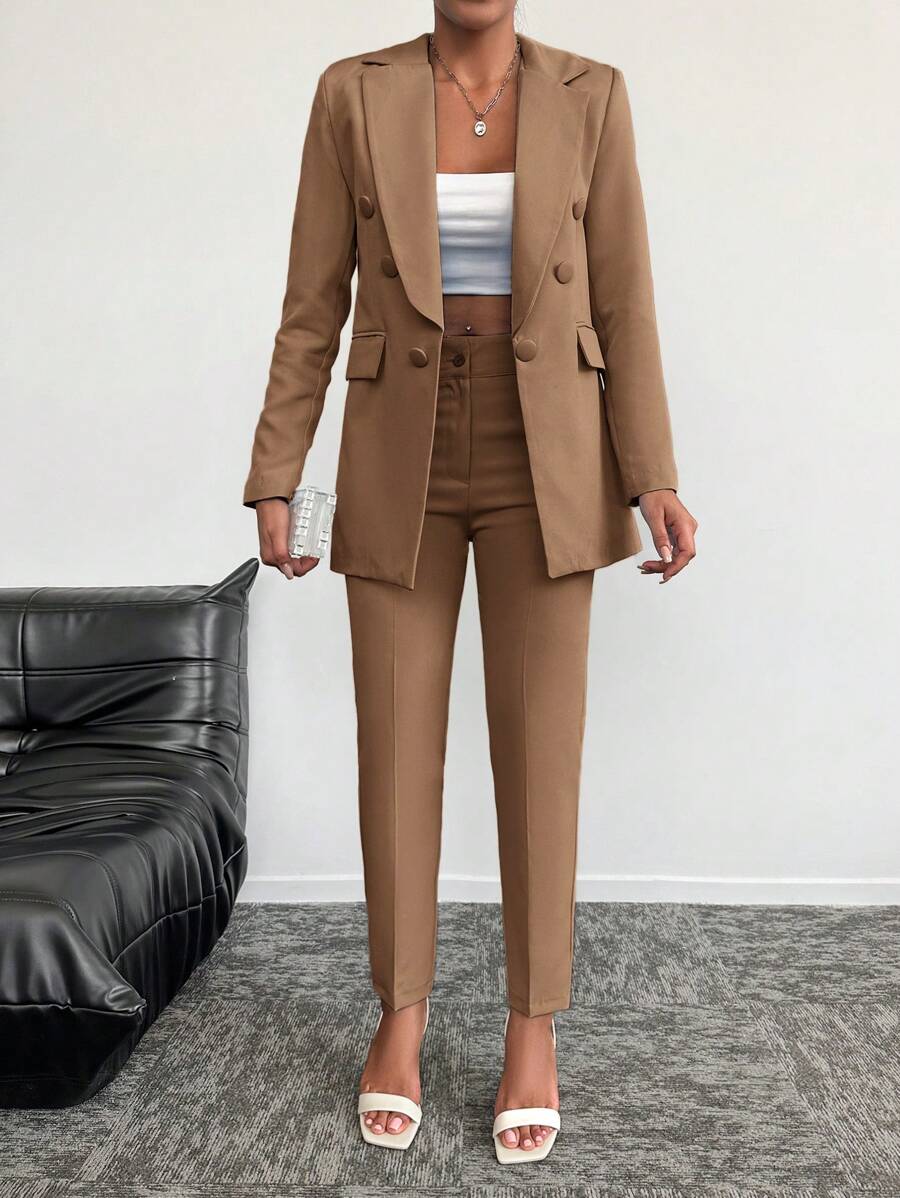 EURMUSE Ladies Lapel Buttoned Suit - Beige - View 1