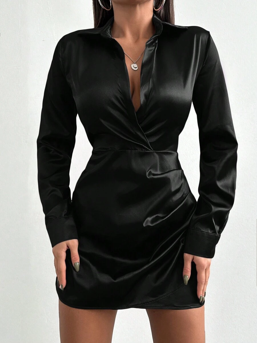 EURMUSE Women's Plain Notched Neck Simple Long Sleeve Dress For Spring And Summer - Black - View 1